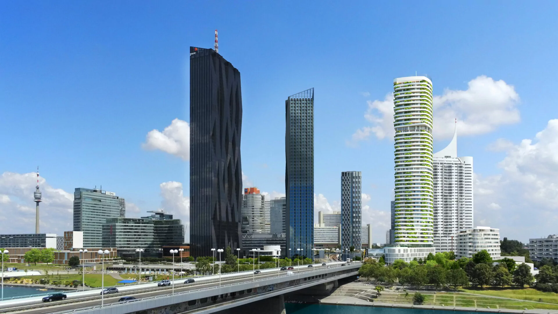 Der Wohnturm DANUBEFLATS in Wien - in einer Gesamtsicht mit weiteren Gebäuden.