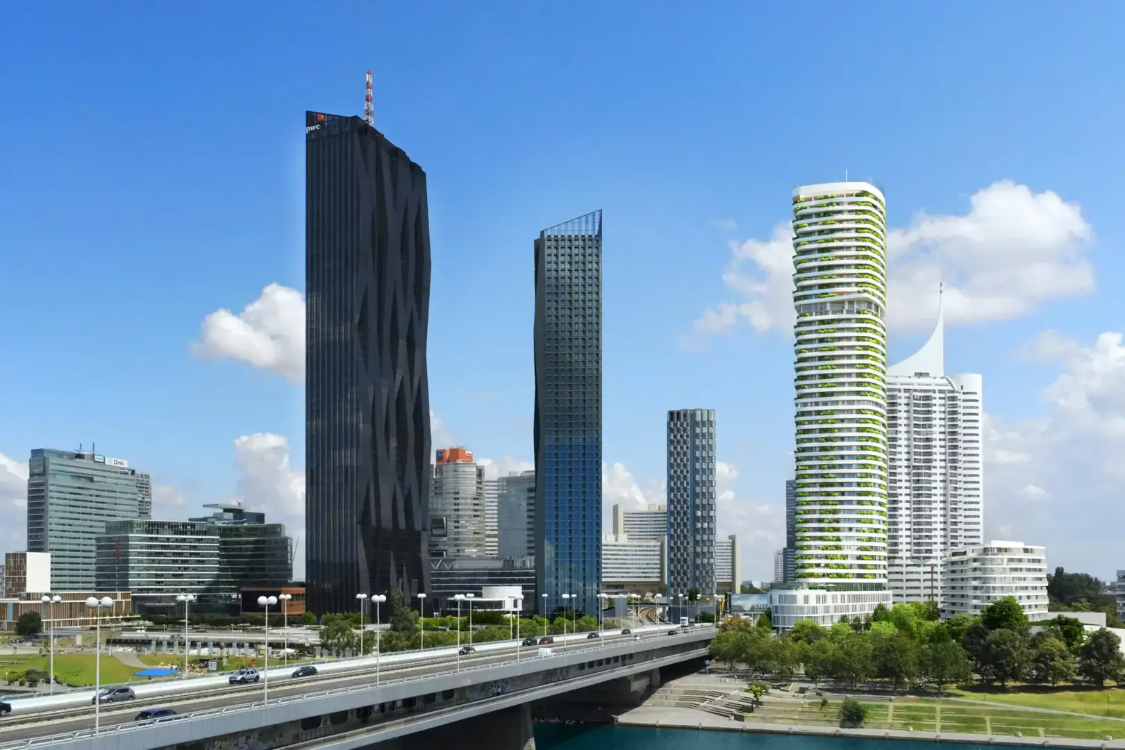 Der Wohnturm DANUBEFLATS in Wien - in einer Gesamtsicht mit weiteren Gebäuden.