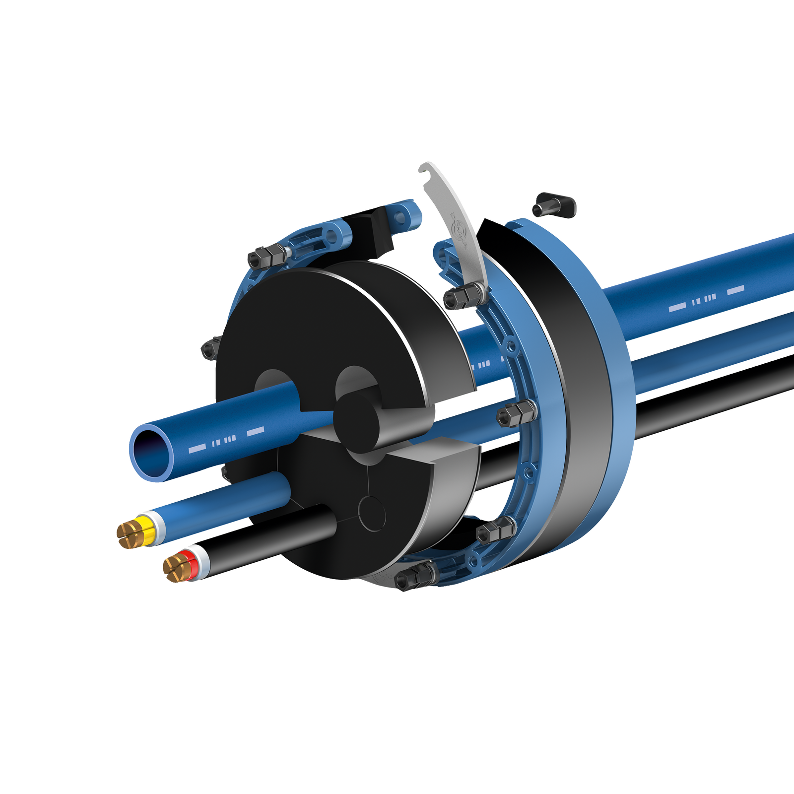 Ansicht eines Curaflex Nova® Uno/M/T Dichtungseinsatzes von DOYMA mit den entsprechenden Leitungen.