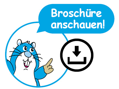 Blauer Comic-Hamster mit Daumen hoch und Sprechblase mit Text 'Broschüre anschauen!' neben einem Symbol für Download-Button.